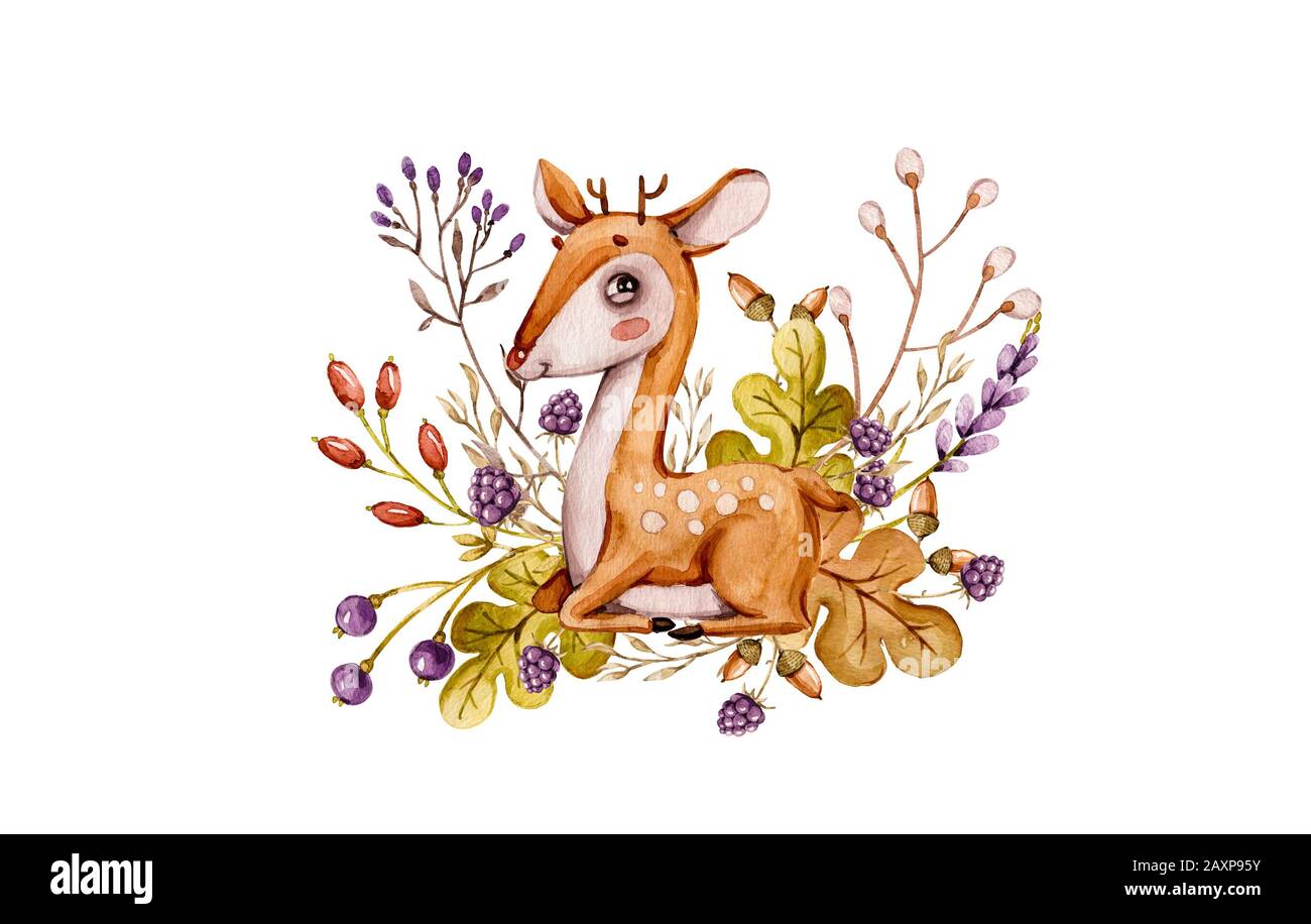 Acquerello selvaggio Deer foresta. Animale della foresta carino. Logo di cervi acquerello. Illustrazione rustica su sfondo bianco. Sfondo astratto. Invito backgro Foto Stock