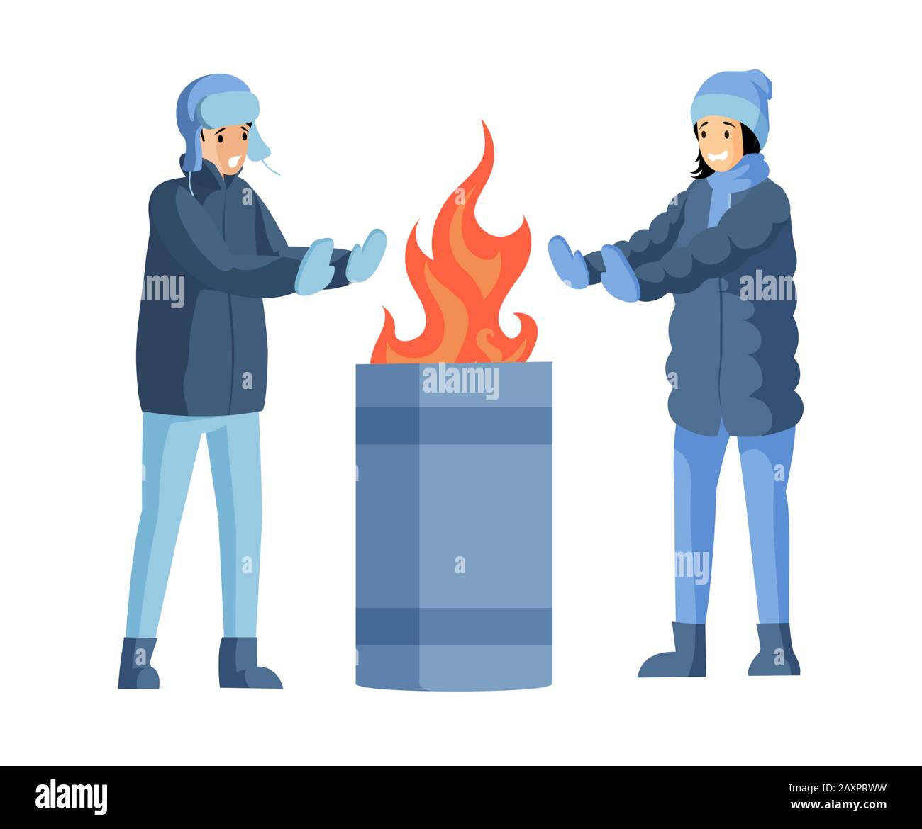 Congelato ragazza e ragazzo che riscaldano le sue mani accanto al bidone della spazzatura. Persone in inverno, indossando abiti caldi spessi, stagione fredda piatto vettore illustrazione. Illustrazione Vettoriale