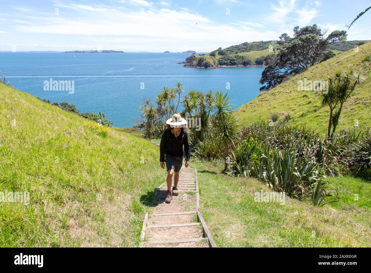 Per i turisti che indossano pantaloncini corti, cappello e camicia nera, escursioni a Waiheke is. Foto Stock