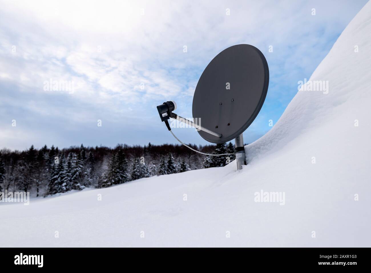 Il piatto satellitare si affaccia su un motore innevato. Foresta bordo sullo sfondo. Foto Stock