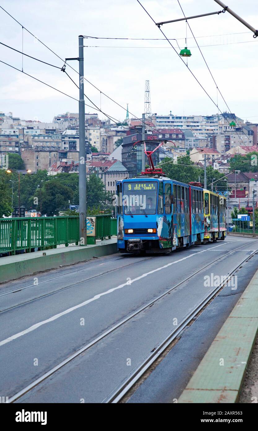 Tram, Ponte, Architettura, Trasporto Stradale, Belgrado, Serbia Foto Stock