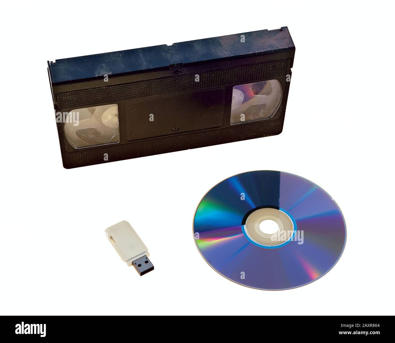 Esempi di come i supporti di registrazione e la tecnologia sono cambiati nel tempo. Il primo è stato il videoregistratore. Poi è venuto il DVD recorder. Ora video e. Foto Stock