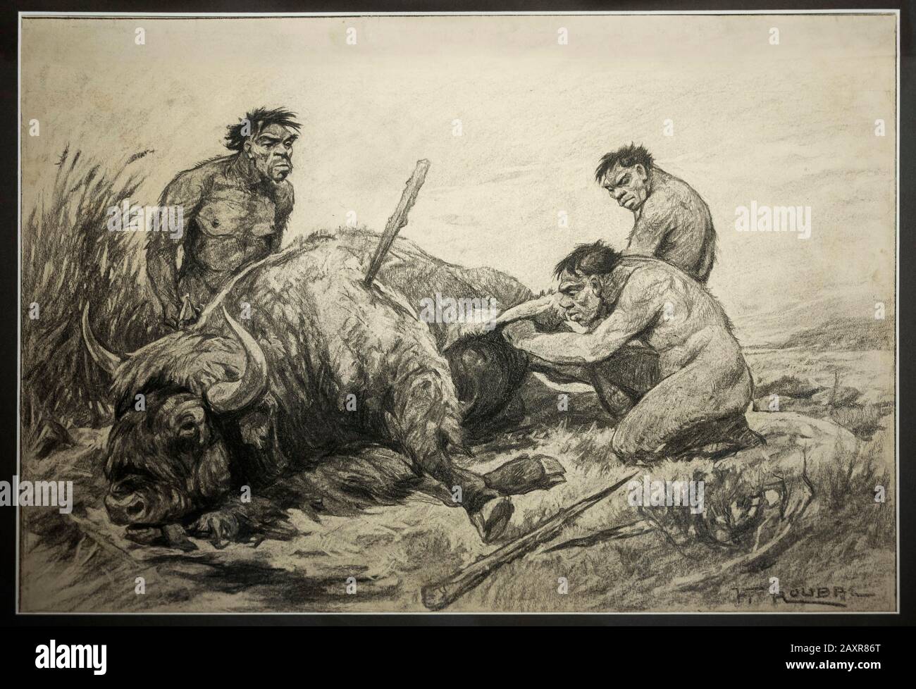 Disegno a carbone di F.Roubal 1930, uomini Neanderthal su bisonte ucciso, Museo Paleontologico, Monaco, Baviera superiore, Baviera, Germania Foto Stock