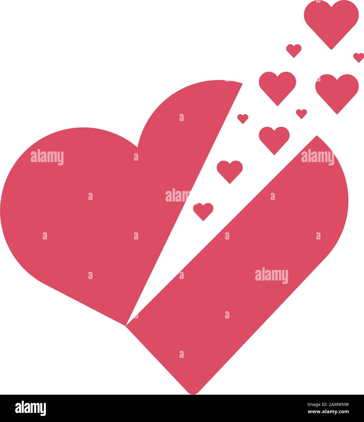 cuore rosso aperto con i cuori piccoli che volano fuori. concetto romantico di giorno di san valentino. Illustrazione del vettore di stock isolata su sfondo bianco. Illustrazione Vettoriale