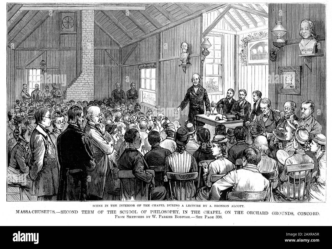1880, USA : scrittore e romanziere americano LOUISA MAY ALCOTT ( 1832 - 1888 ), meglio conosciuto per il romanzo Little Women ( PICCOLE DONNE ), pubblicato nel 1868 . In questa immagine suo padre l'educatore , insegnante, scrittore , filosofo e riformatore AMOS BRONSON ALCOTT ( 1799 - 1888 ), incisione della rivista americana illustrata FRANK LESLIE ILLUSTRATO GIORNALE del 14 agosto 1880 , incisione di W. Parker Bodfish . Una descrizione dell'interno della Cappella di Concord , Massachusetts , durante una conferenza di A. Bronson Alcott , Scuola di Filosofia sulla Orchard Grounds . - LOUISE - LETTERATO - SCRIT Foto Stock