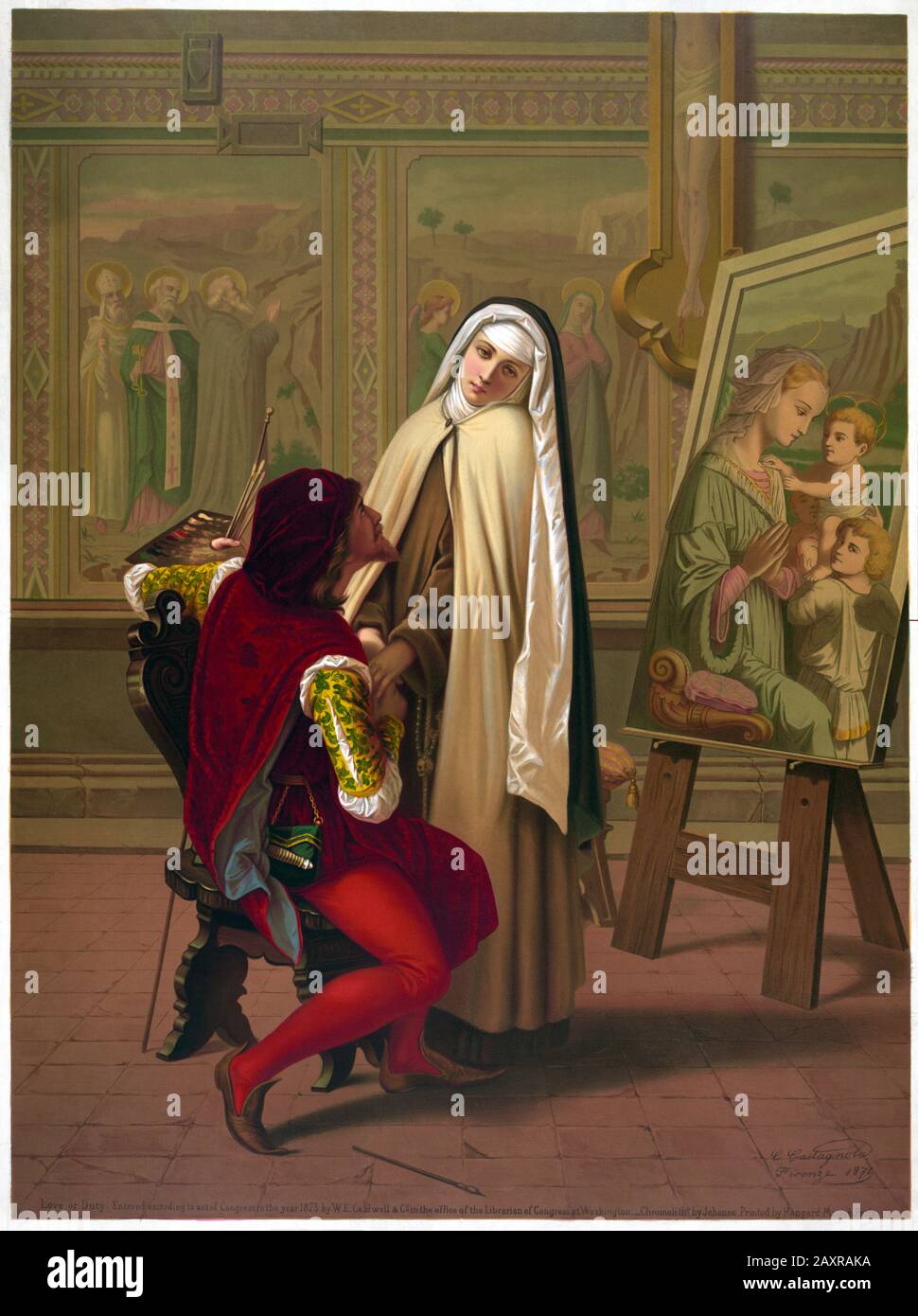 1871 , ITALIA : il pittore italiano GABRIELE CASTAGNOLA ( 1828 - 1883 ) amore o DOVERE artistico ( Amore o vivere ). In questa immagine ristampata in chromolithograph da Jehenne negli Stati Uniti ( 1873 ), stampata da Hangard - Maugé , Parigi , Francia . Il romanticismo del pittore del primo Rinascimento FILIPPO LIPPI ( 1406 - 1469 ) con IL giovane novizio LUCREZIA BUTI ( nato nel 1435 ) è un tema ricorrente nelle opere della Castagnola, così come le monache in generale . Arte - ARTE - STORIA - FOTO STORICHE - pittore - pittore - cavalletto - Madonna - SUORA - mano nella mano - tavolozza - Tavolozza - amanti - amanti - inna Foto Stock