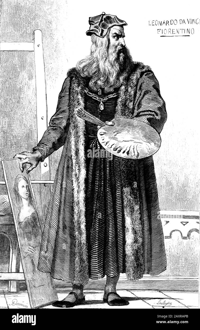 Ritratto inciso del XIX secolo DI LEONARDO da VINCI ( 1452 - 1519 ). Incisa dall'artista francese Eugéne Deveria ( 1800 - 1857 ), 1838 . - Leonardo di Ser Piero da Vinci - RITRATTO - ritratti - barba - barba - ARTE - ARTI VISIVE - ARTI VISIVE - PITTORE - incisione - incisione - illustrazione - illustratore - cappello - barba - barba - barba - barba - palette - tavolozza - Gioconda - Monna - Lisa -- - ARCHIVIO GBB Foto Stock