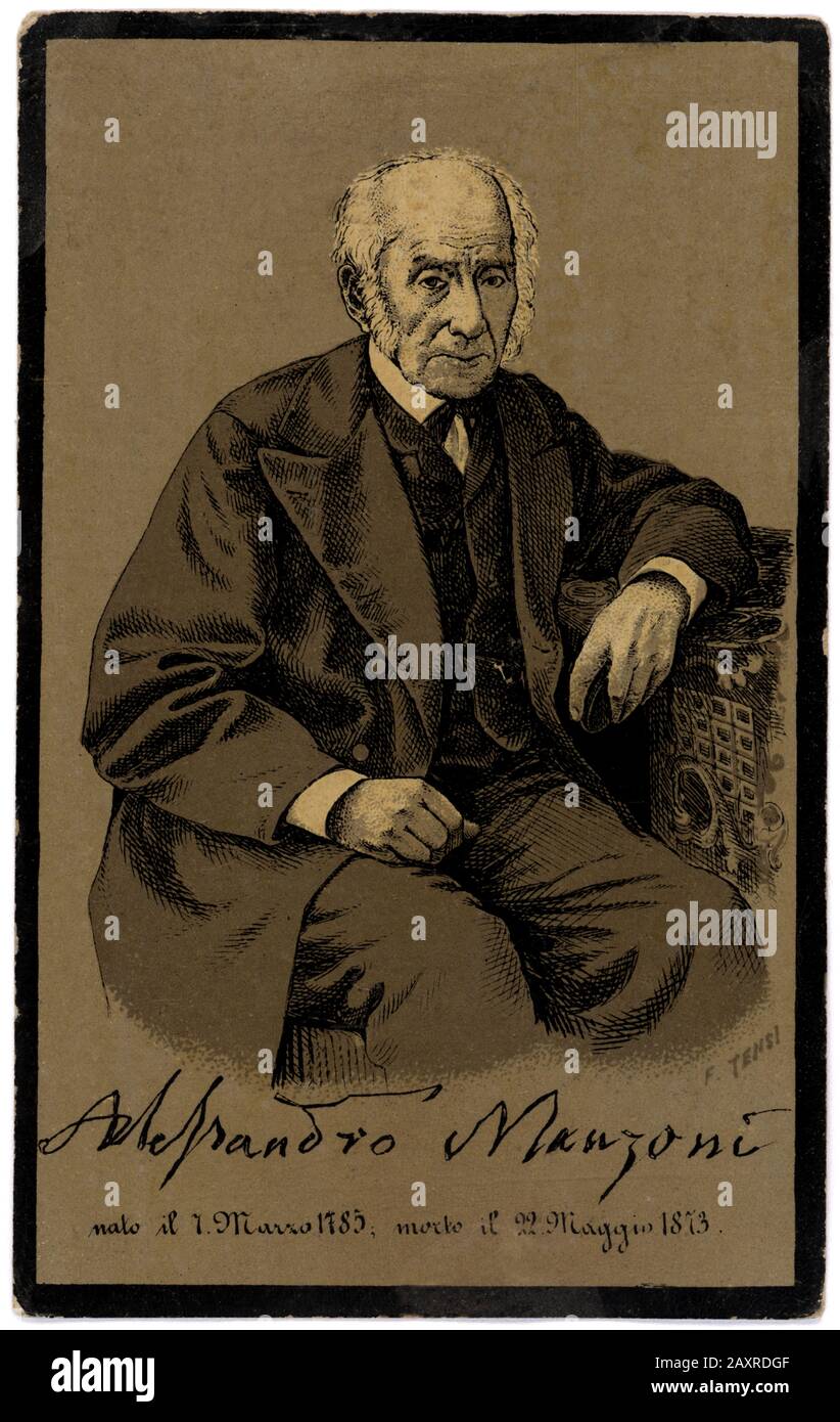 1873 , Milano , ITALIA : il ricordo della morte per scrittore e poeta italiano ALESSANDRO MANZONI ( 1785 - 1873 ) . Ritratto inciso da F. TENSI dalla fotografia originale . - POETA - POESIA - POESIA - SCORTORE - LETTERATO - LETTERATURA - LETTERATURA - ritatto - uomo anziano vecchio - uomo vecchio - autografo - firma - firma - autografo ---- ARCHIVIO GBB Foto Stock
