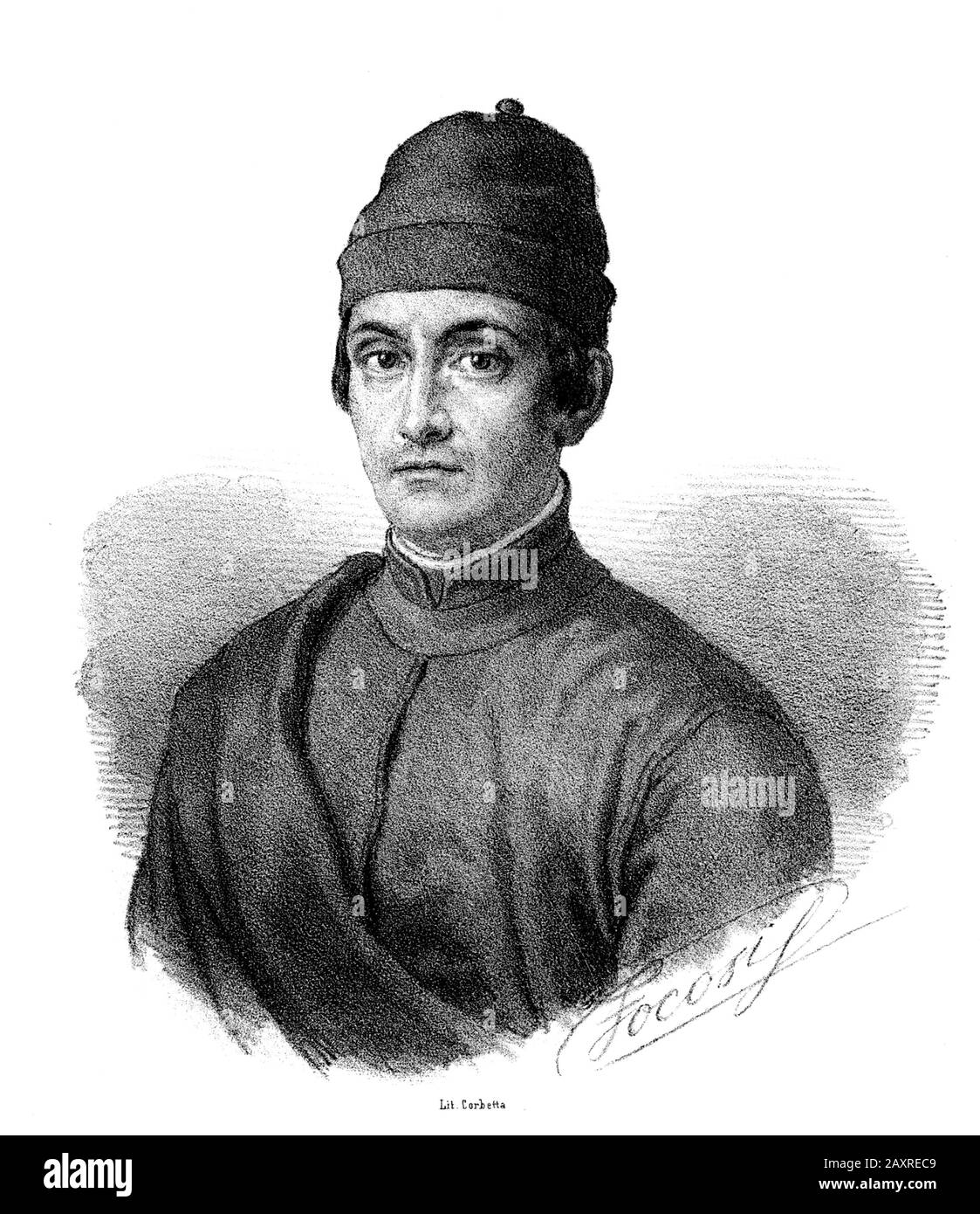 1310 ca , ITALIA : il banchiere fiorentino italiano, diplomatico, cronista e scrittore GIOVANNI VILLANI ( 1276 ca - 1348 ) autore di NUVA CRONICA ( New Chronicles ) . Ritratto fantasy inciso del 1837 secolo da Focosi , litografia di Corbetta . - MERCANTTE - BANCHIERE - CRONACHISTA - ITALIA - SCRITORE - LETTERATO - LETTERATURA - LETTERATURA - Colletto - rito - incisione - illustrazione - illustrazione - RINASCIMENTO --- ARCHIVIO GBB Foto Stock