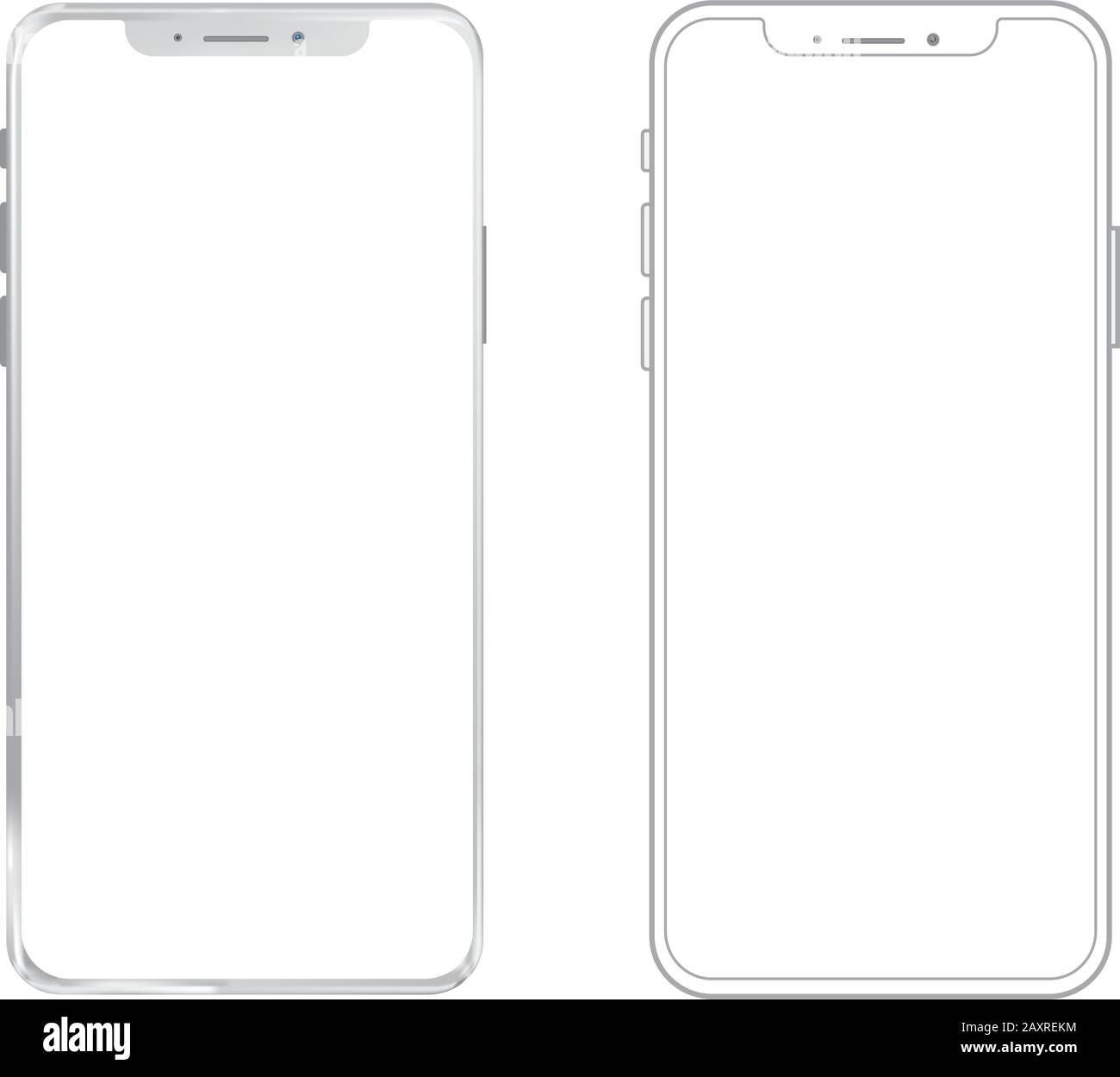Due dispositivi smartphone e Profilo con schermo vuoto isolato su sfondo bianco. Mockup per mostrare mobile web-site design o Screenshots il tuo appli Illustrazione Vettoriale