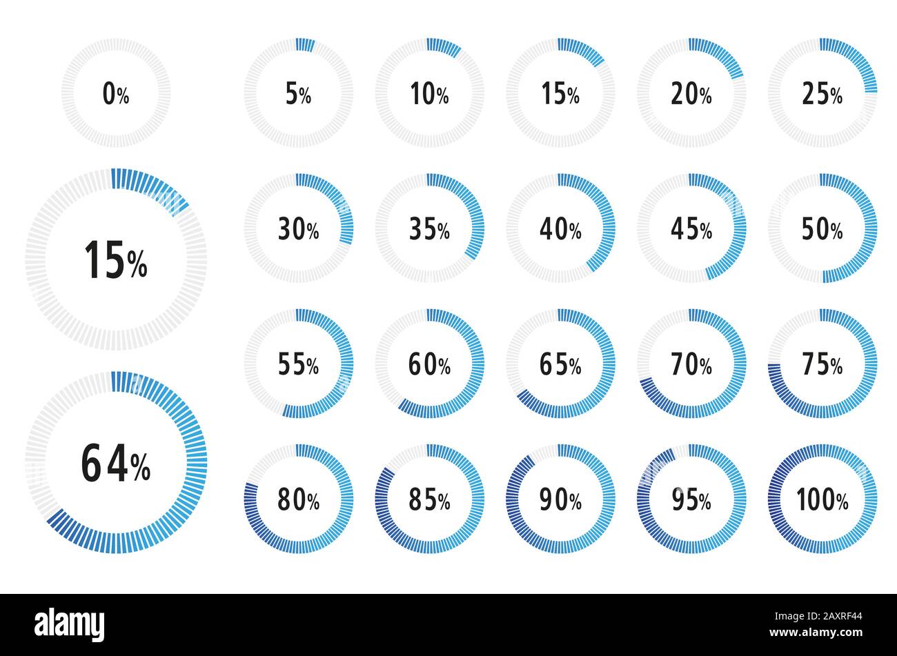 Set di cerchi 0-100 Diagramma Percentuale pronto per l'uso per infografica, web design e ux, ui - Vector Illustration Illustrazione Vettoriale