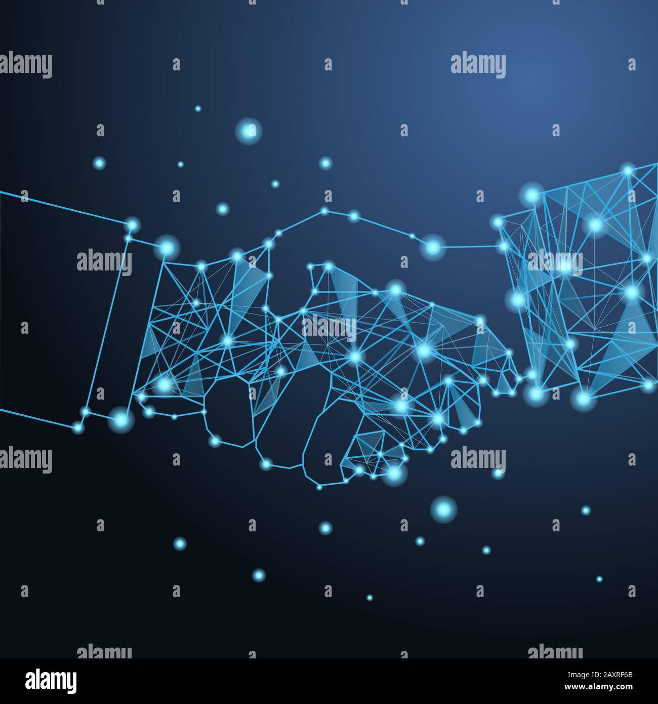 Handshake aziendale basso Poligonale da linee, triangoli e design a particelle. Contratto accordo, partenariato e Concetto Di Trattativa su una schiena blu scuro Illustrazione Vettoriale