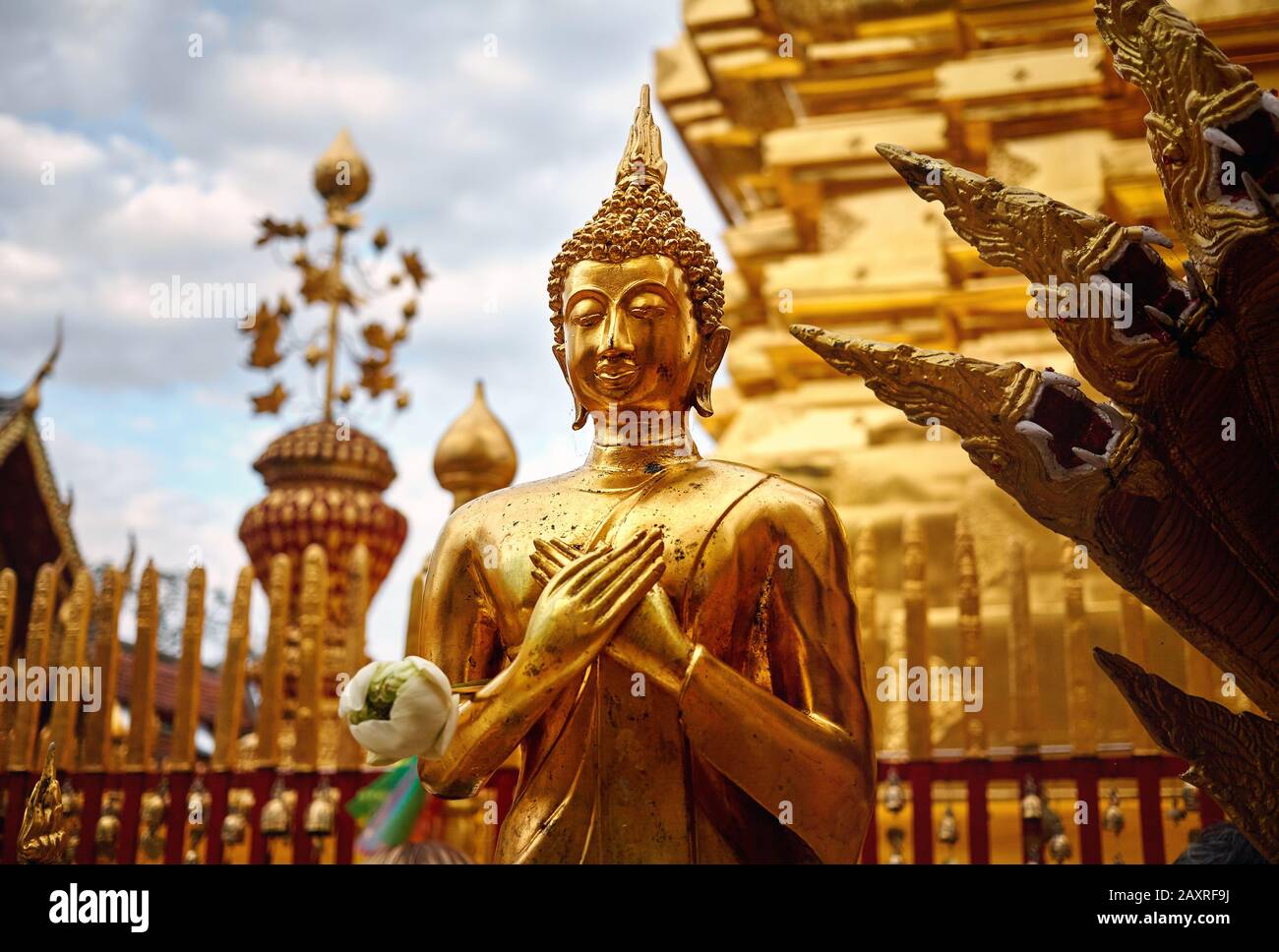 Statua del Buddha d'oro con mudra in Wat Doi Suthep, Ciang mai, Thailandia Foto Stock