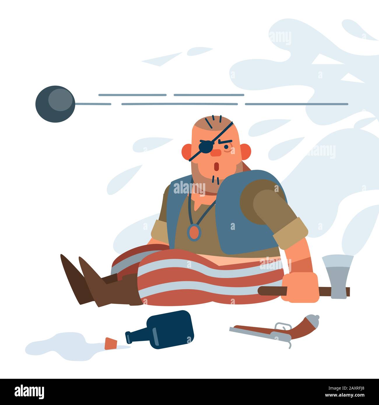 Il Piccolo pirata-rapinatore muscolare è sconvolto in battaglia dal ruggito delle armi di guardia reali. Immagine vettoriale di un cartone animato piatto su bianco Illustrazione Vettoriale