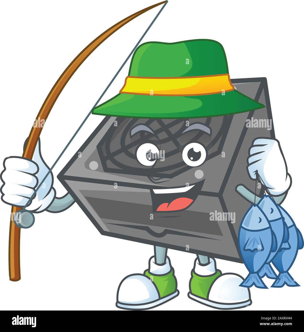 Un disegno mascotte di unità di alimentazione pesca colore nero con 3 pesci Illustrazione Vettoriale