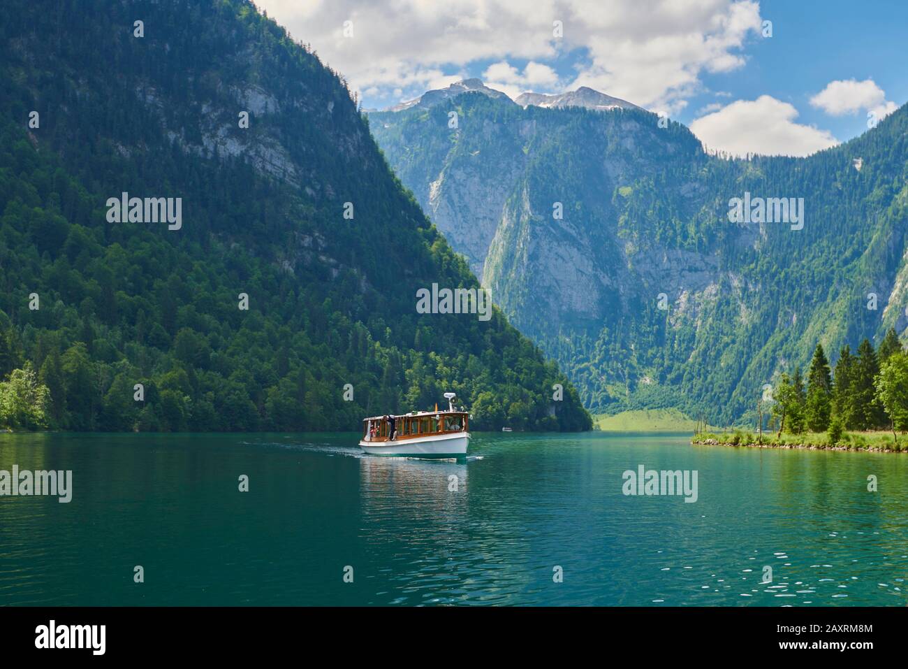 Motoscafo, paesaggio, Königsee, estate, bayern, Germania Foto Stock