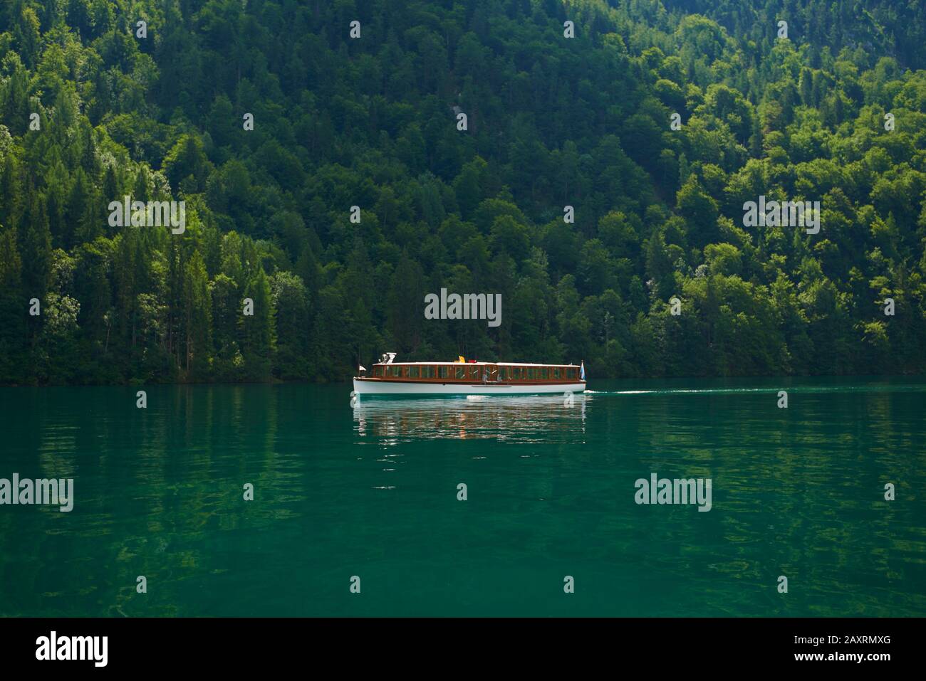 Motoscafo, paesaggio, Königsee, estate, bayern, Germania Foto Stock