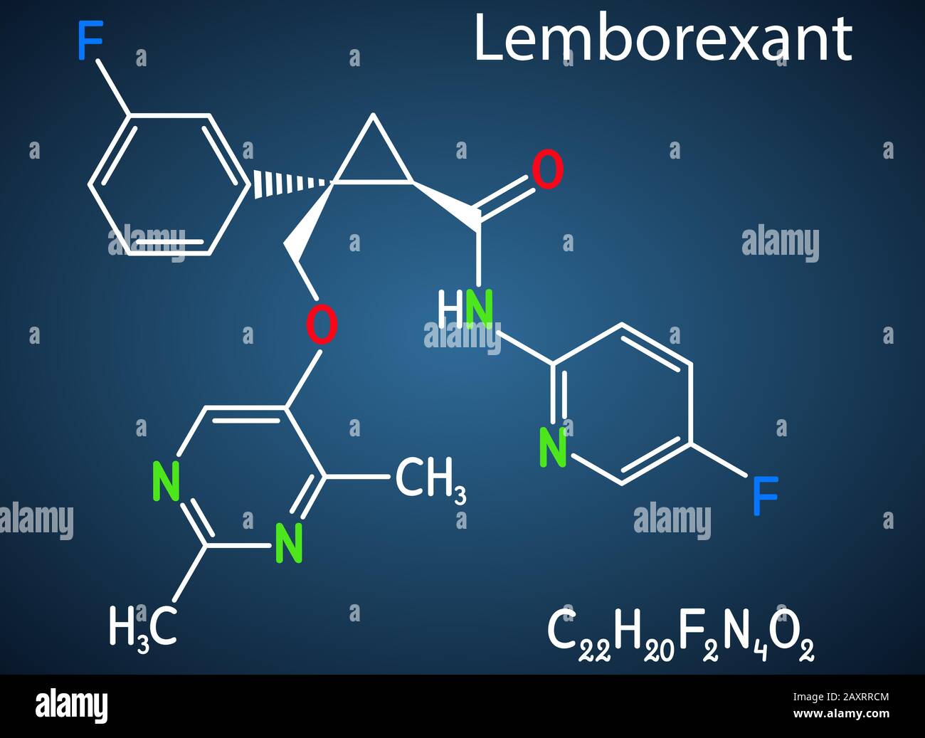 Lemborexant, molecola C22H20F2N4O2. È un antagonista doppio del recettore dell'orexina usato nel trattamento dell'insonnia. Formula chimica strutturale al buio b Illustrazione Vettoriale