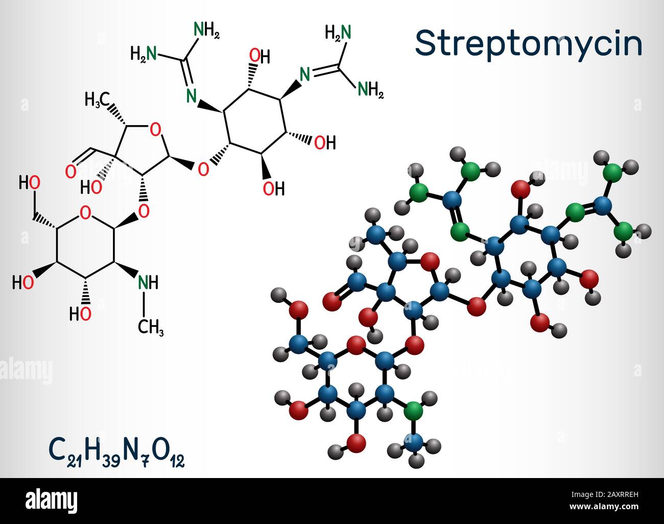 Streptomicina, molecola C21H39N7O12. Si tratta di un antibiotico aminoglicosidico. Formula chimica strutturale e modello di molecola. Illustrazione del vettore Illustrazione Vettoriale