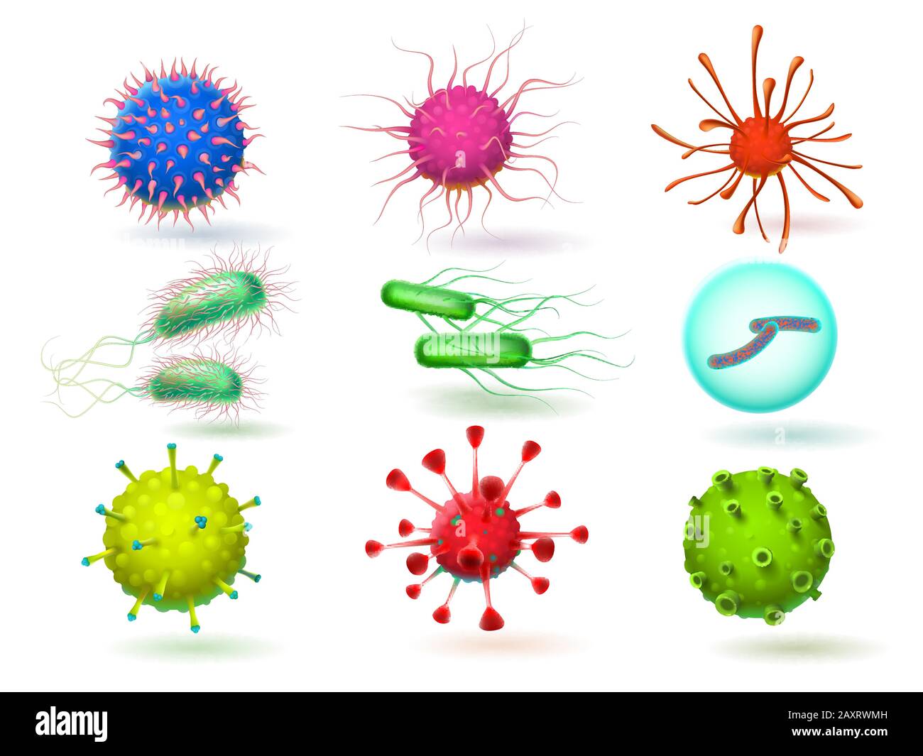 Virus epidemico microscopico 3d, batteri bacillus e parassita Illustrazione Vettoriale