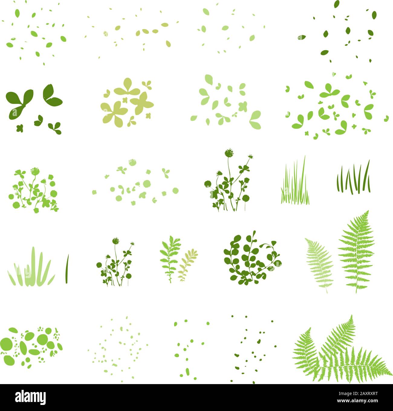 Set di sagome di erba estiva, foglie, fogliame di alberi, diversi tipi di verde isolato su bianco, raccolta di illustrazioni vettoriali Illustrazione Vettoriale