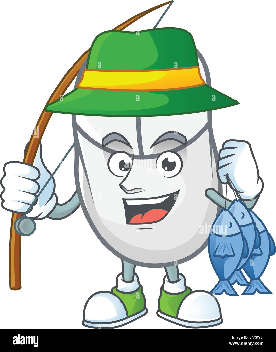 Un disegno mascotte di pesca mouse bianco con 3 pesci Illustrazione Vettoriale