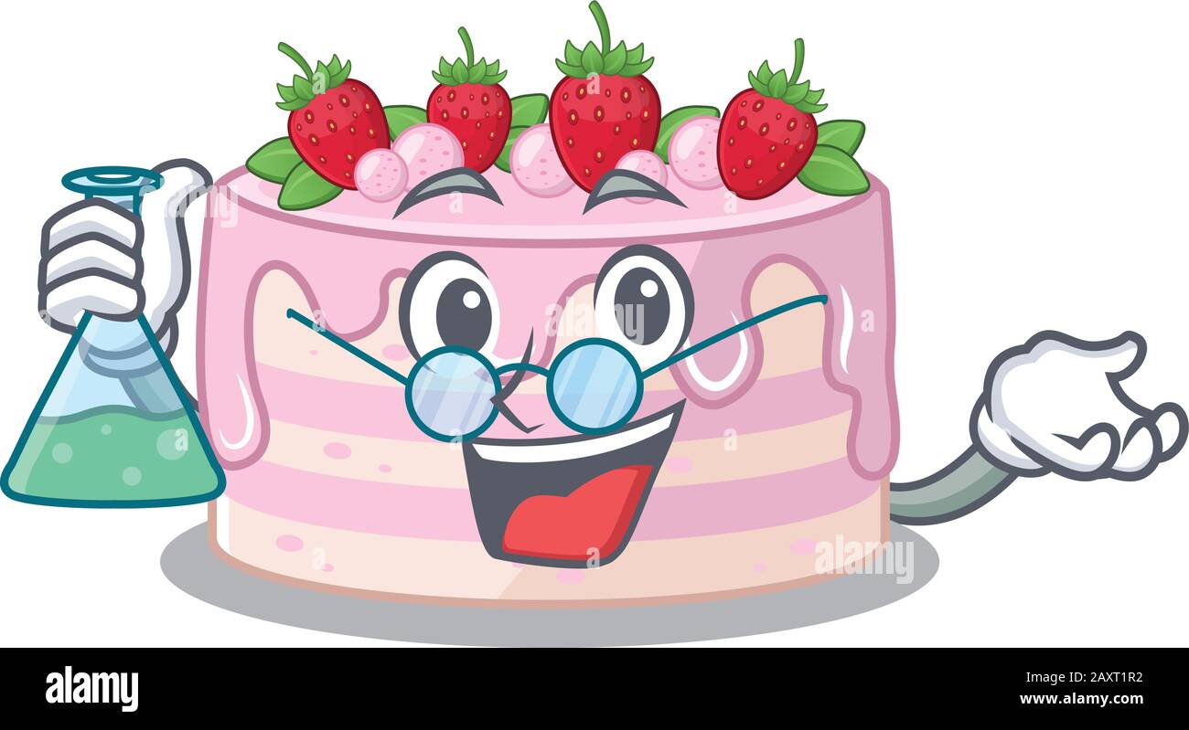 Torta di fragole fredda personaggio del professor Cartoon con tubo di vetro Illustrazione Vettoriale