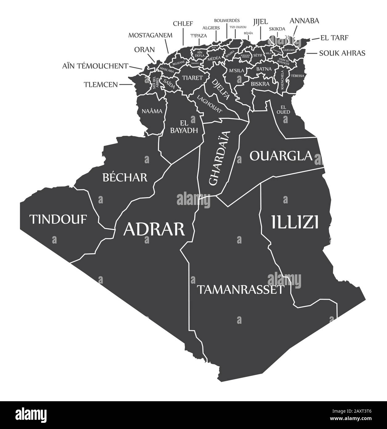 Mappa Algeria con etichette province nere Illustrazione Vettoriale