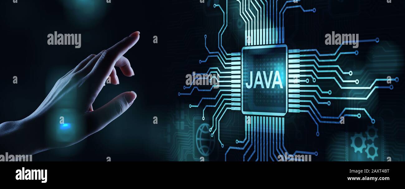 Applicazione del linguaggio di programmazione Java e concetto di sviluppo Web su schermo virtuale Foto Stock