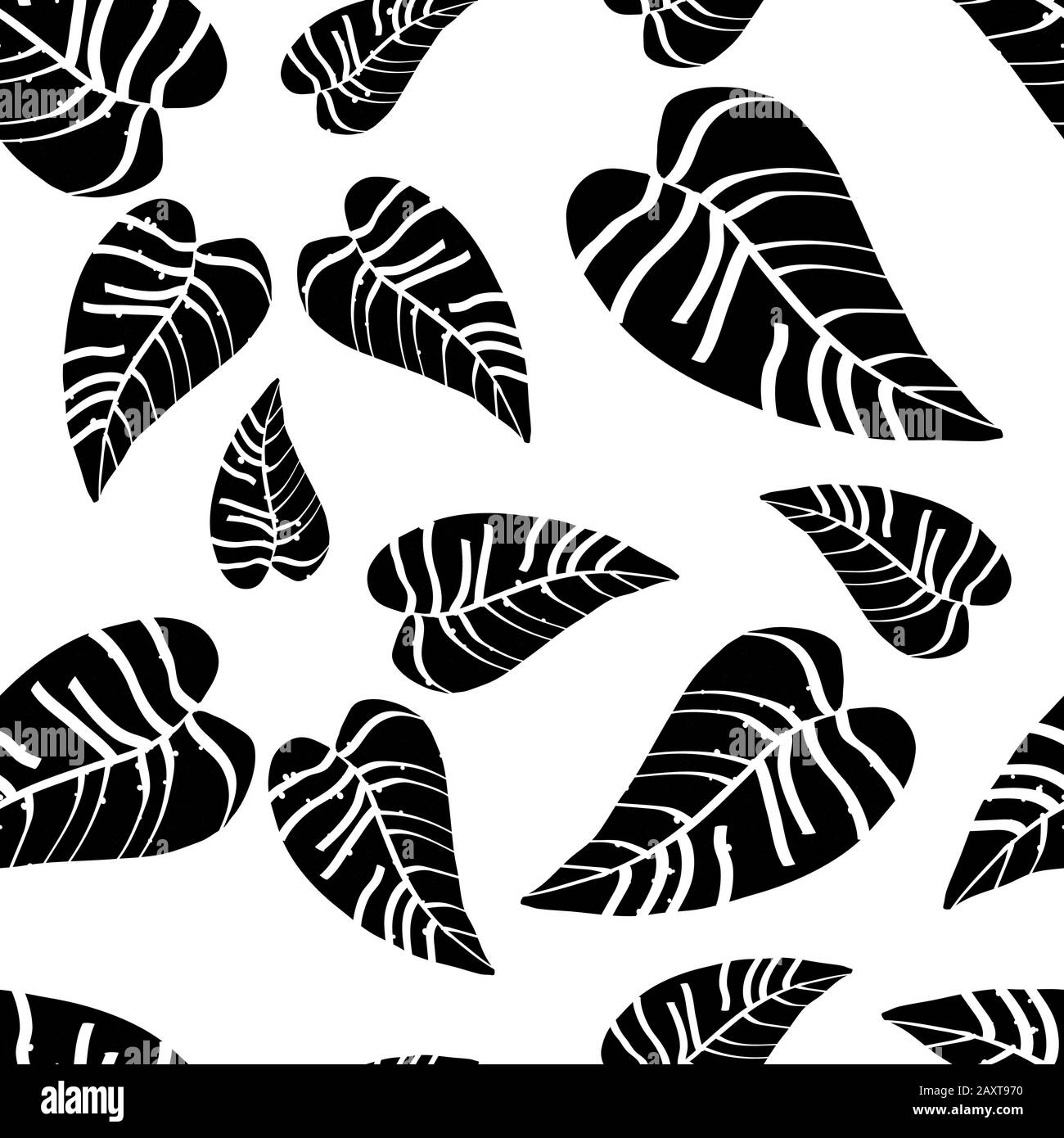 In bianco e nero, le foglie tropicali monocromatiche sono senza cuciture. Illustrazione Vettoriale