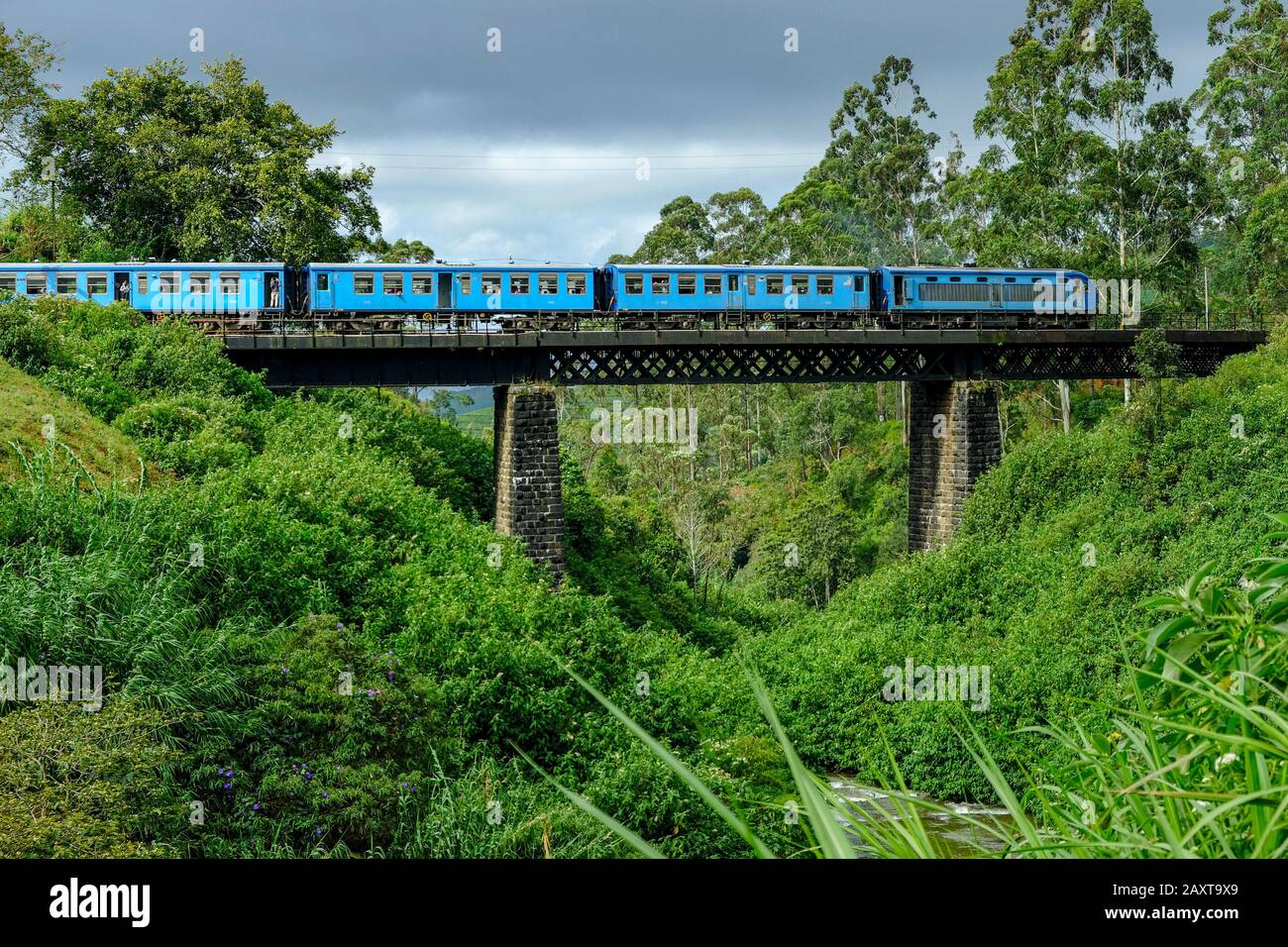 Nanu Oya, Sri Lanka - Gennaio 2020: Treno che passa sopra un ponte all'uscita della stazione di Nanu Oya il 23 gennaio 2020 a Nanu Oya, Sri Lanka. Foto Stock