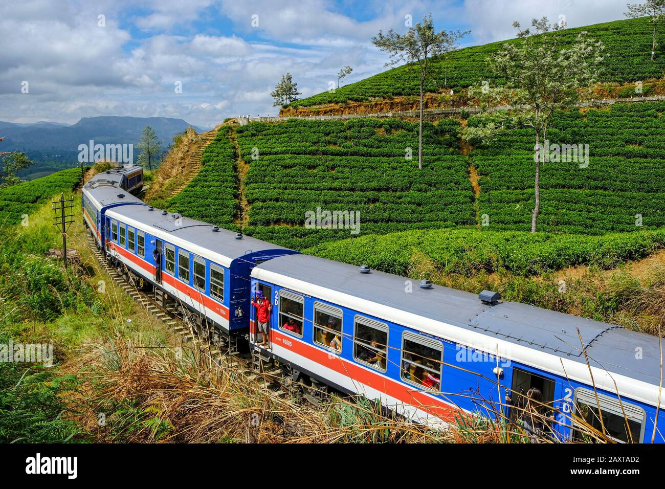 Nanu Oya, Sri Lanka - Gennaio 2020: Treno che passa tra le piantagioni di tè all'uscita della stazione di Nanu Oya il 23 gennaio 2020 a Nanu Oya, Sri Lanka. Foto Stock