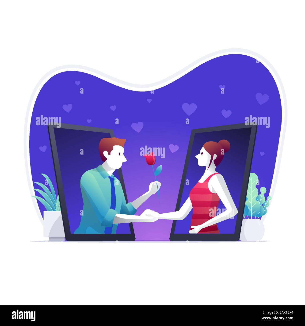 Uomo e donna che utilizzano applicazione mobile per la datazione. Coppia che si è incontrata online. L'uomo sta dando una rosa alla ragazza. Illustrazione del concetto vettoriale. Illustrazione Vettoriale