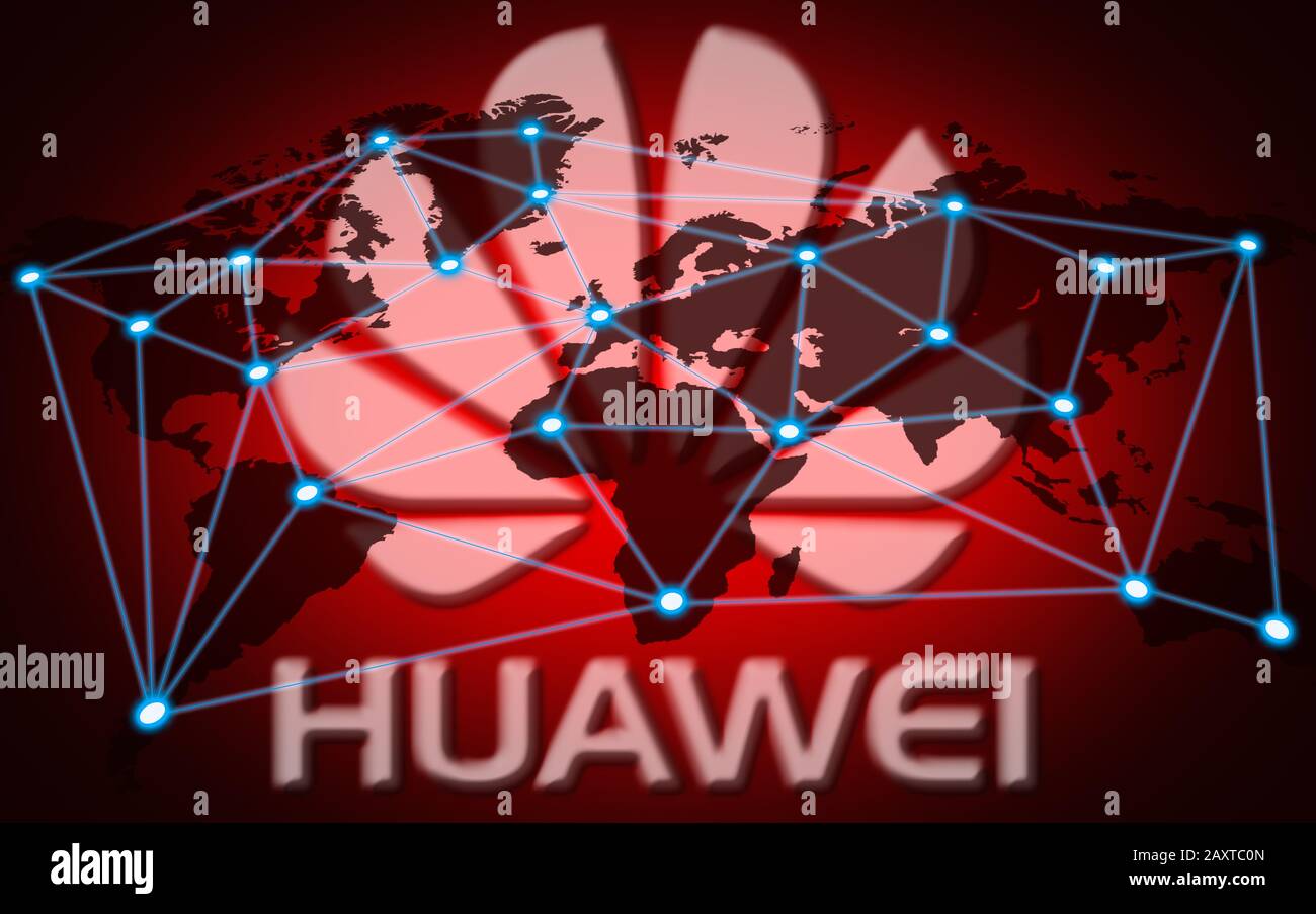 Illustrazione che mostra il logo Huawei come sfondo di una mappa mondiale 2D con nodi di connessione dati, che illustra un concetto di Huawei che controlla tutti i dati. Foto Stock