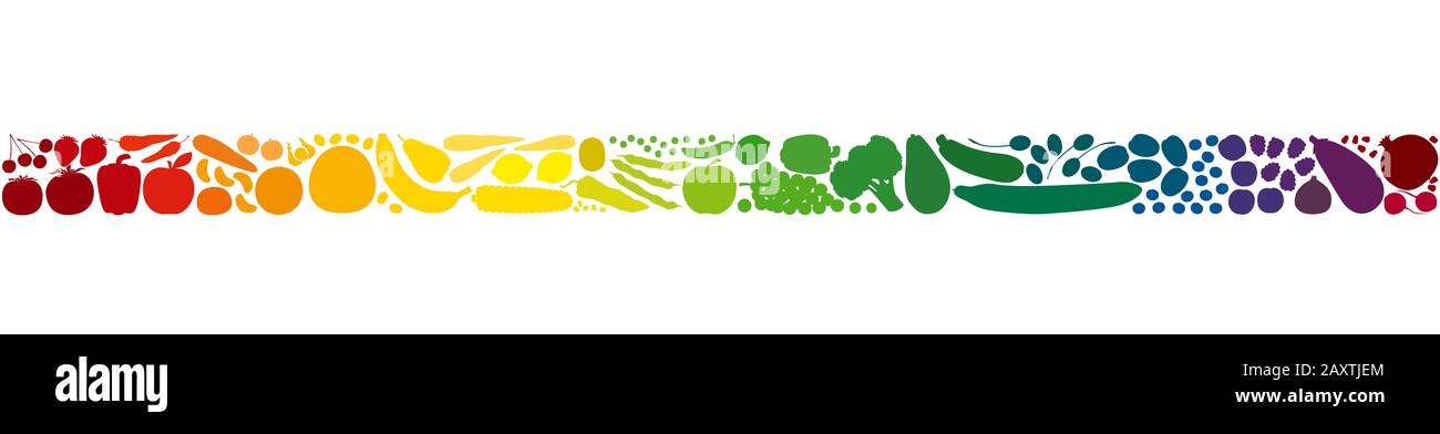 Frutta e verdure colorate in una fila colorata in gradiente arcobaleno. Striscia orizzontale estensibile senza cuciture - illustrazione su sfondo bianco. Foto Stock