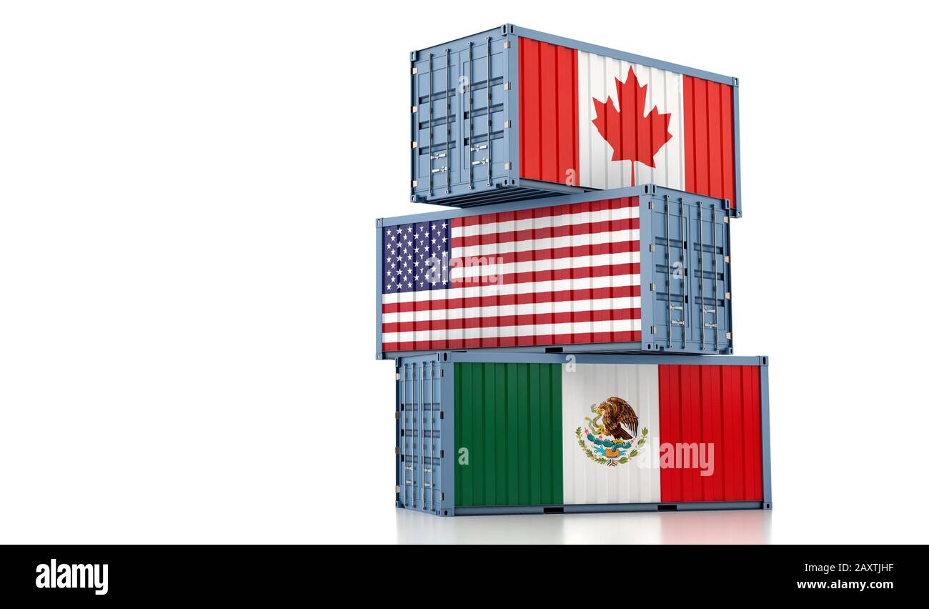 Container merci con bandiere nazionali Canada, USA e Messico - NAFTA North American Free Trade Agreement - 3D rendering Foto Stock