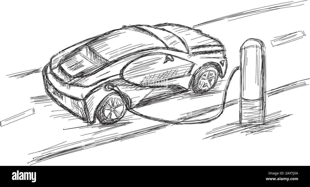 Ricarica Di Auto Elettriche Moderne Presso Una Stazione Di Ricarica - Illustrazione Vettoriale Illustrazione Vettoriale