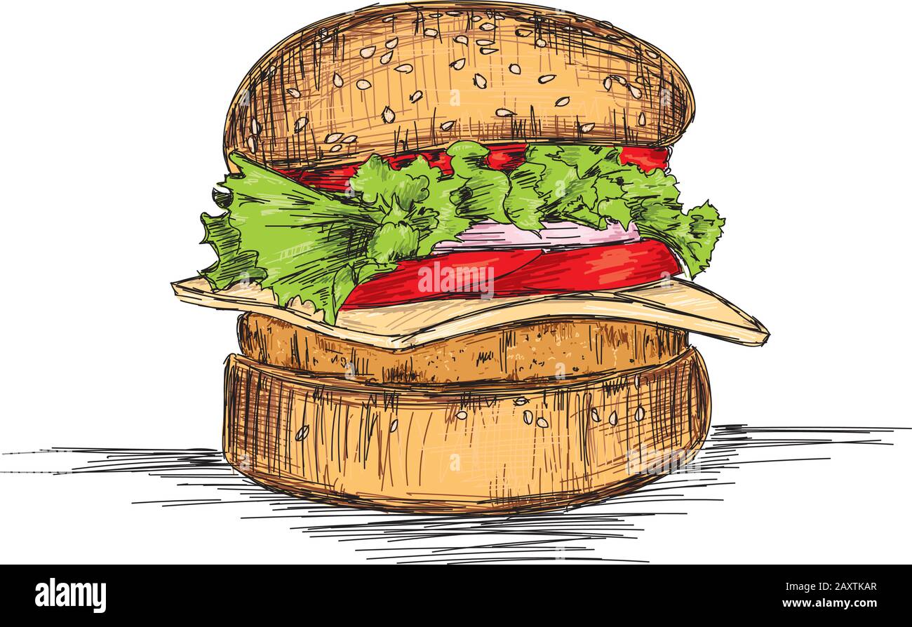 Fast Food - Burger Illustrazione Vettoriale Dettagliata Dello Schizzo Illustrazione Vettoriale