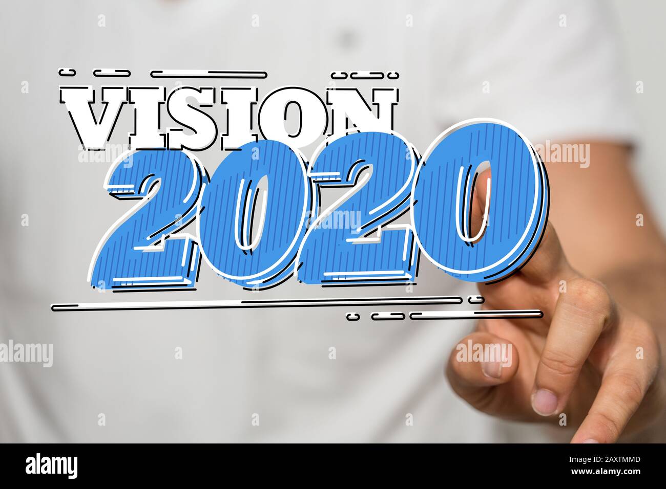 Persona che presenta la proiezione virtuale del business dell'anno 2020 concetto di soluzione Foto Stock