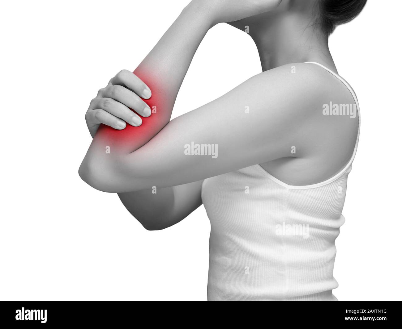 donna che soffre di dolore al braccio, dolore ai muscoli del braccio. mono tono colore con luce rossa al braccio, muscoli del braccio isolati su sfondo bianco. salute ca Foto Stock