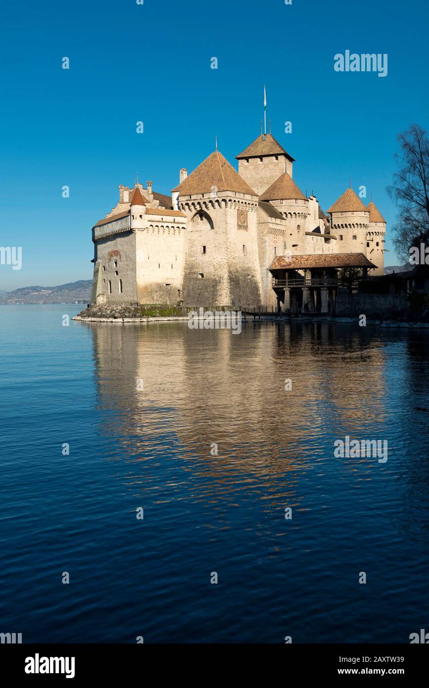 Svizzera Vaud, Waadt, Montreux, Veytaux, Château De Chillon, Schloss, Castello, Lac Léman, Genfer See, Lago Di Ginevra, Printemps, Frühling, Primavera Foto Stock