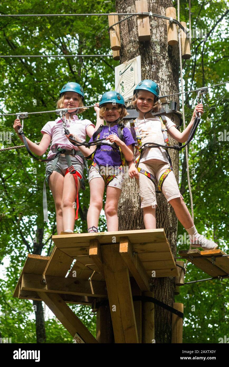 Tre ragazze ragazza bambino bambino bambino su un bambino ostacolo attività corso Trail alto in foresta albero, in un parco avventura in Francia durante l'estate. (112) Foto Stock