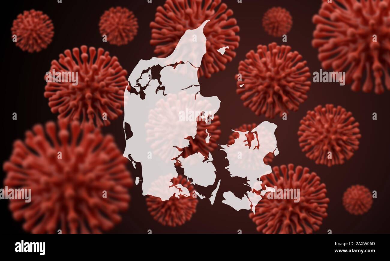 La Danimarca mappa su un background di microbi di virus scientifici. Rendering 3D Foto Stock