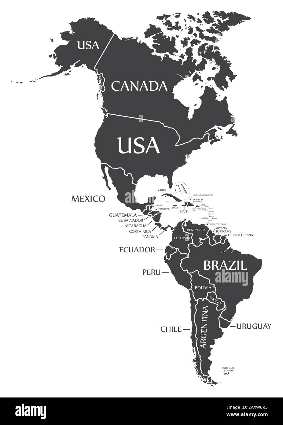 America mappa del continente con paesi ed etichette nere Illustrazione Vettoriale