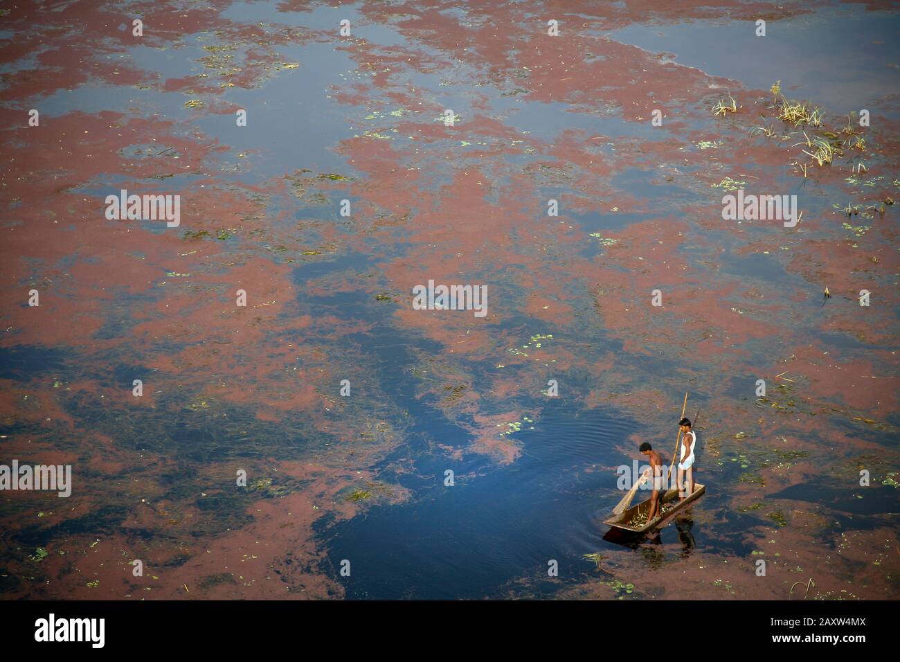 piccola barca e uomini su un lago coperto di alghe rosse Foto Stock