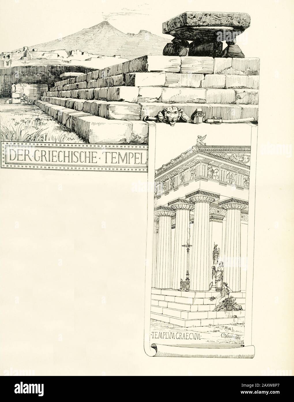 Questa illustrazione è stata fatta da Karl Weichardt (1846-1906) è stato un architetto tedesco e pittore architettonico. Mostra un antico tempio greco a Pompei, la città romana distrutta nel 79 d.C. nell'eruzione del Vesuvio. Foto Stock