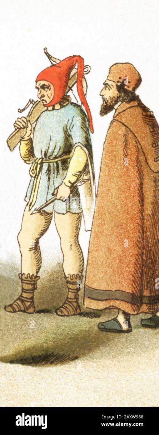 Le figure rappresentano gli uomini spagnoli dal 1500 al 1600 d.C. Sono da , da sinistra a destra: Un contadino Biscayan e un commoner. L'illustrazione risale al 1882. Foto Stock