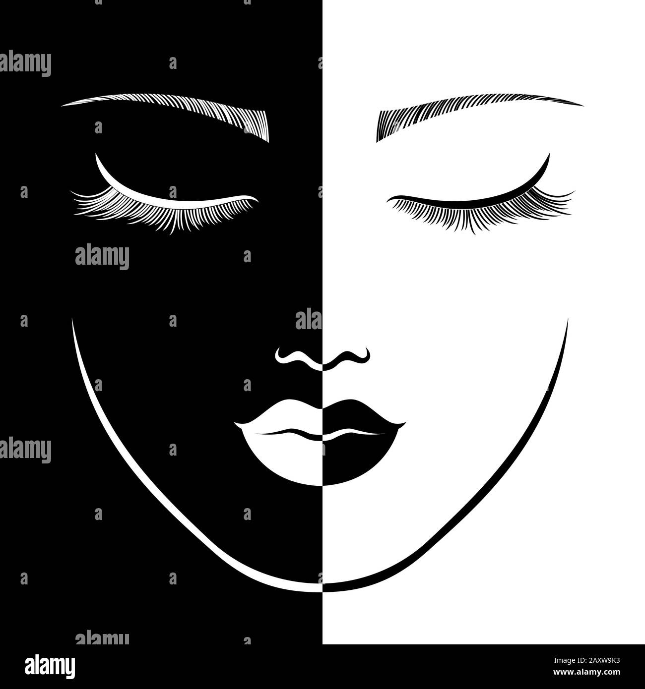 Riassunto del volto di affascinante donna in uno spazio negativo e positivo con occhi chiusi, espressione concettuale in bianco e nero, illustrazione del disegno a mano Illustrazione Vettoriale