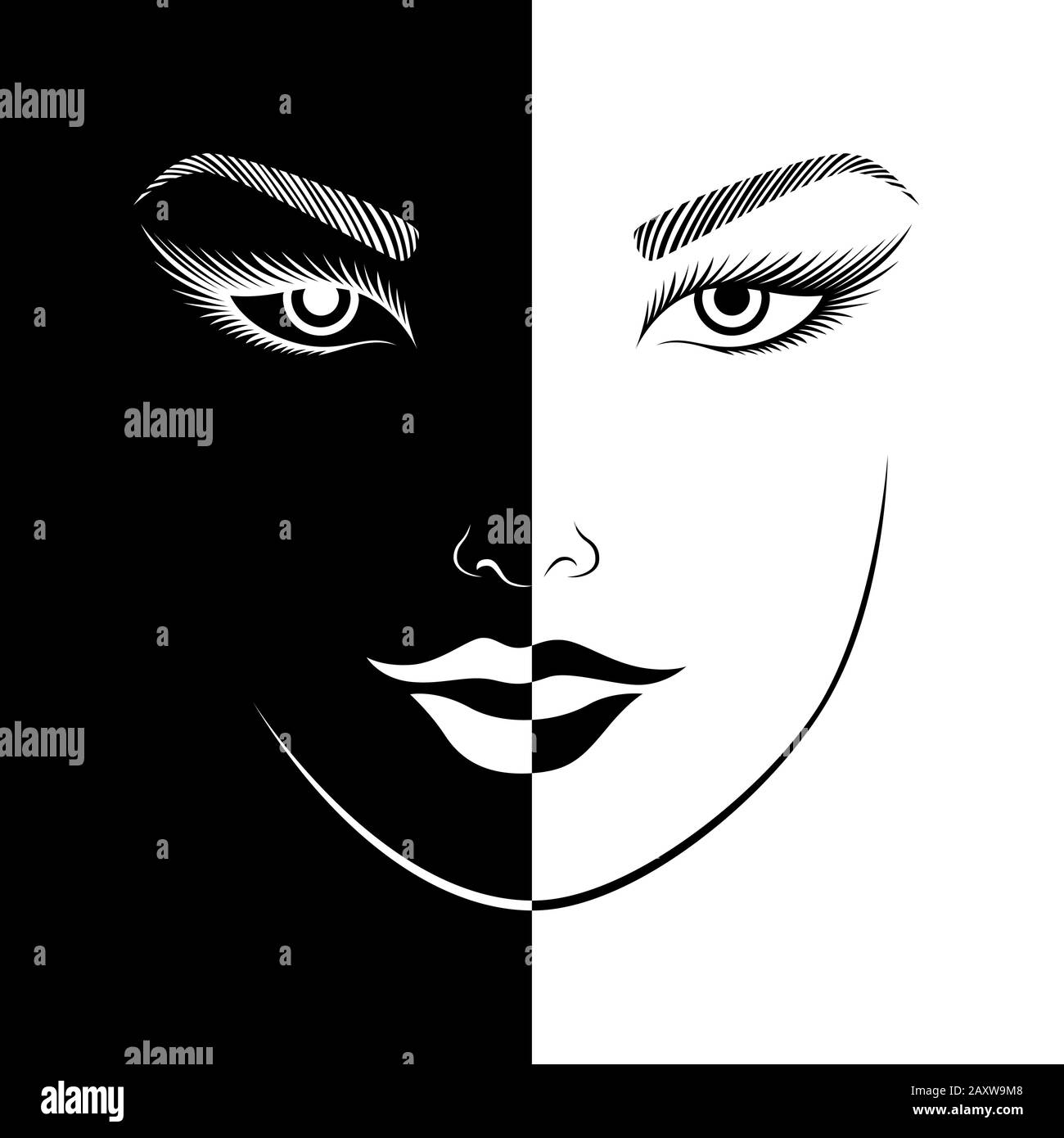 Il volto sorridente della donna astratta si divide in uno spazio negativo e positivo, espressione concettuale in bianco e nero, illustrazione del disegno a mano Illustrazione Vettoriale