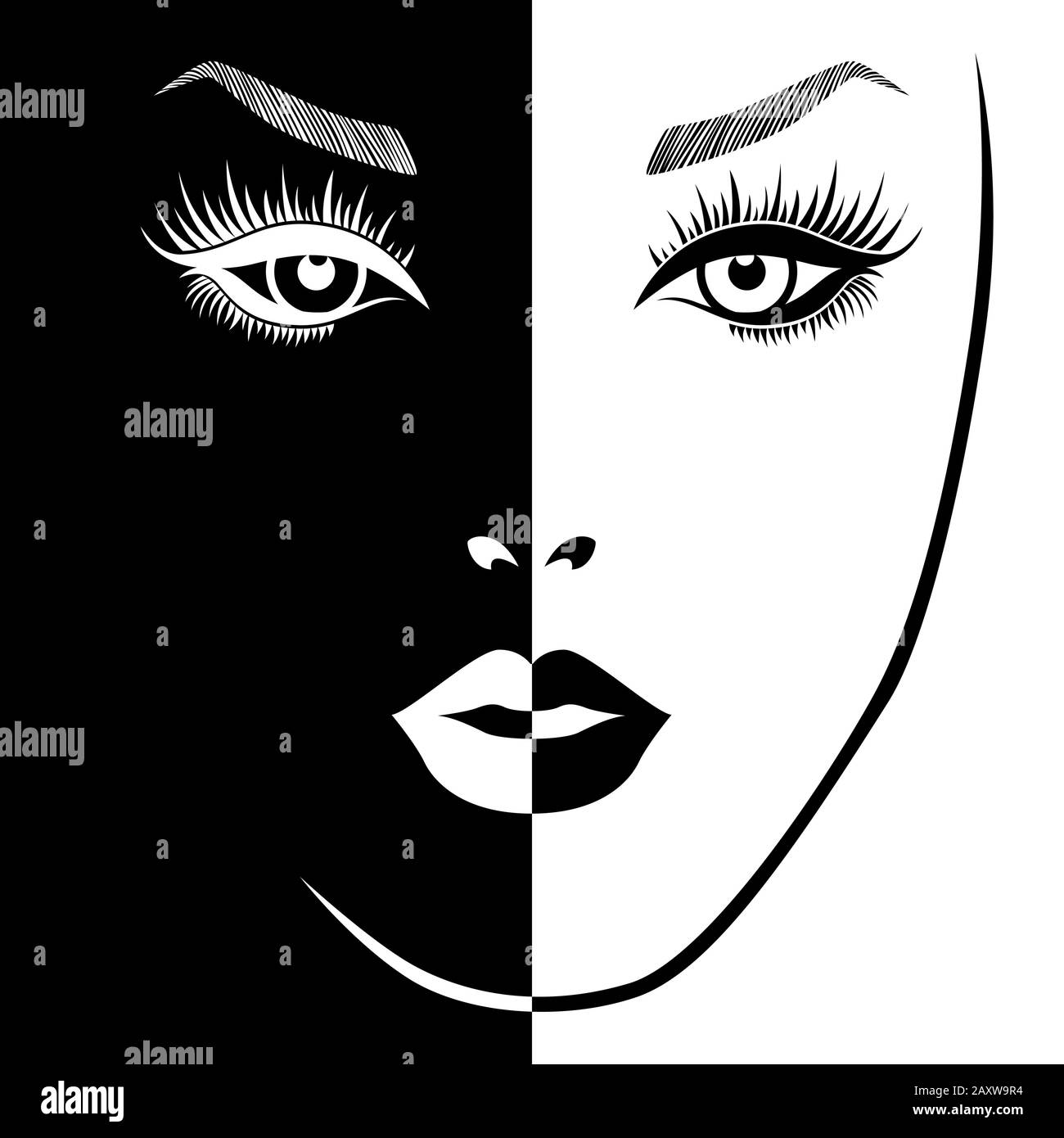 Astratta attraente donna divisa in negativo spazio Positivo, nero e bianco espressione concettuale, disegno a mano illustrazione Illustrazione Vettoriale